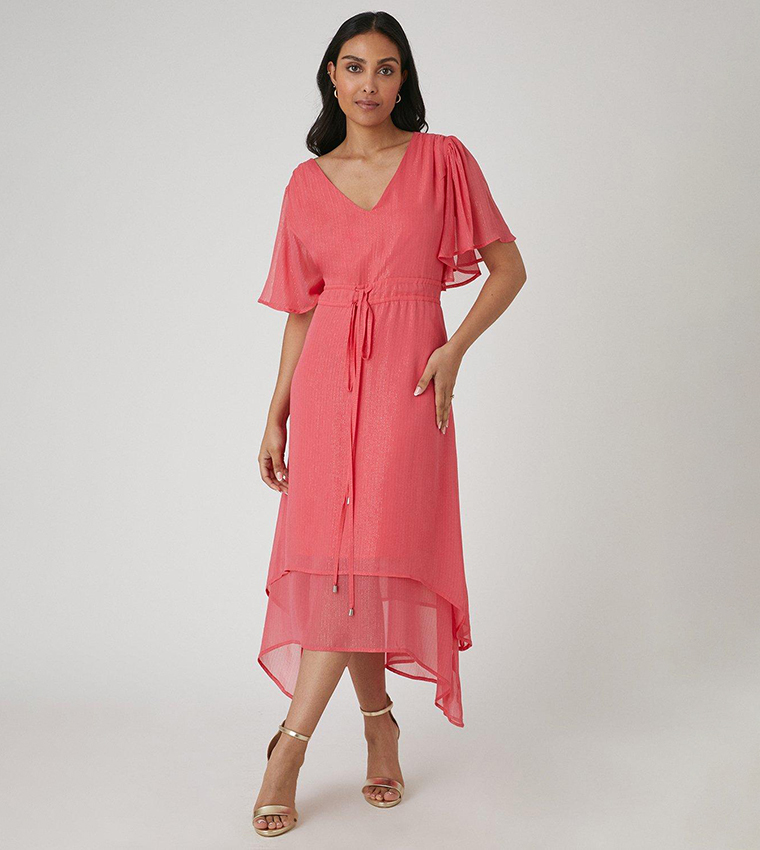 Buy Wallis Glitter Stripe Ruffle Midi Dress In Coral 6thStreet