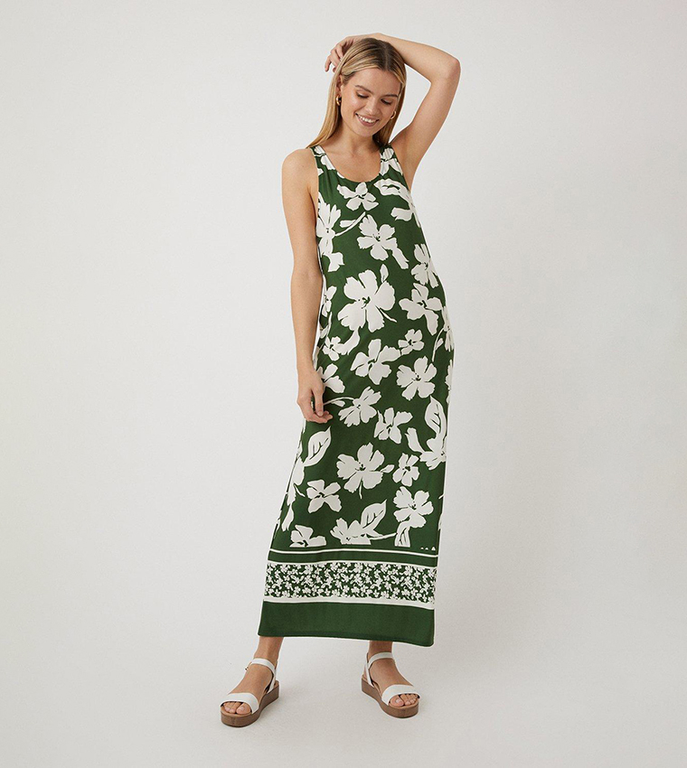 Buy Wallis Khaki Floral Print Border Print Maxi Dress In Khaki