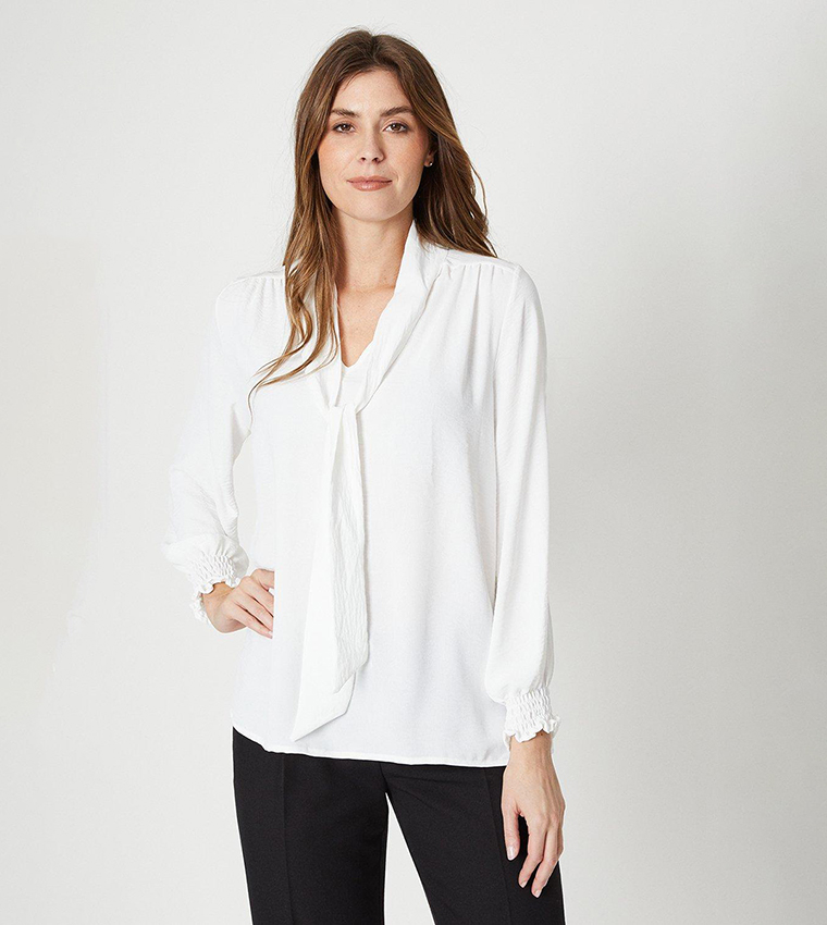 Buy Wallis Tie Neck Shirred Cuff Top In White | 6thStreet UAE