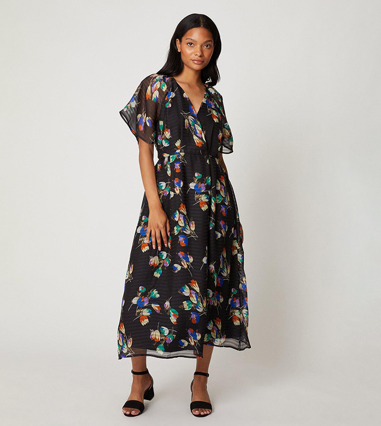 Buy Wallis Black Floral Print Wrap Woven Midi Dress In Black ...