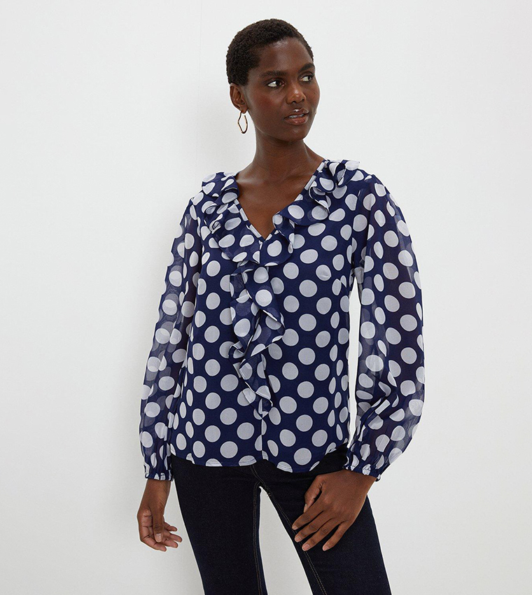 Buy Wallis Navy Polka Dot Frill Front Top In Navy 6thStreet Oman