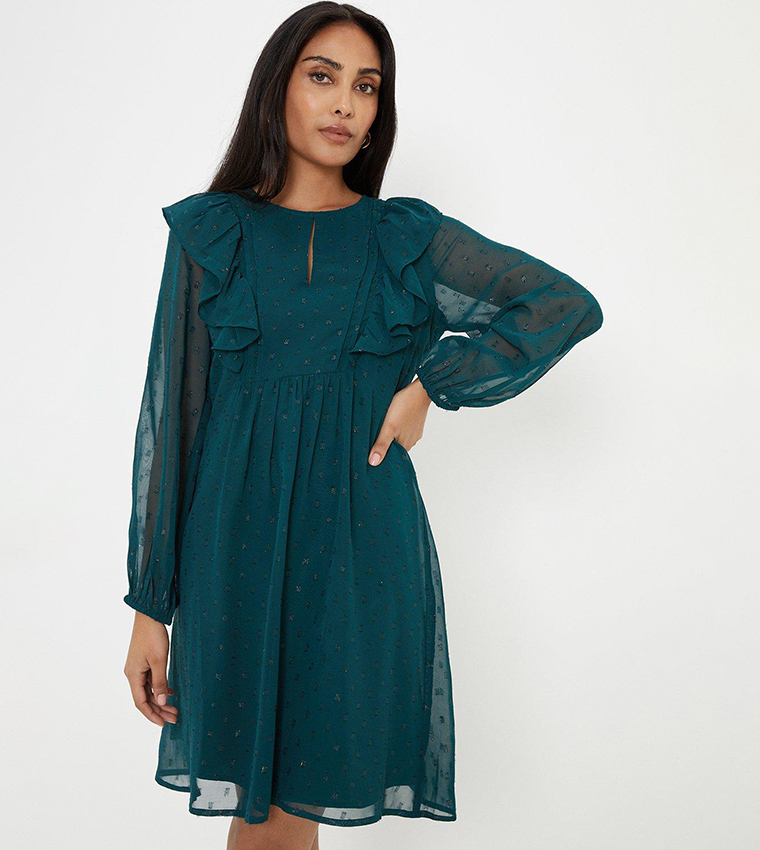 Buy Wallis Petite Glitter Spot Ruffle Shift Dress In Green