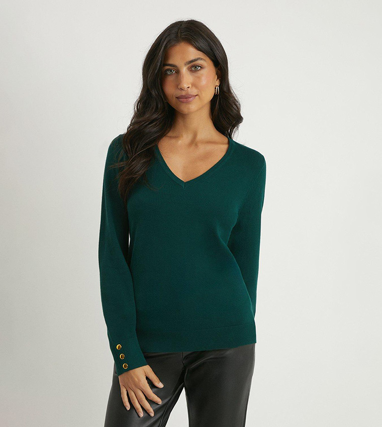 Buy Wallis V Neck Button Detail Sweater In Forest 6thStreet UAE