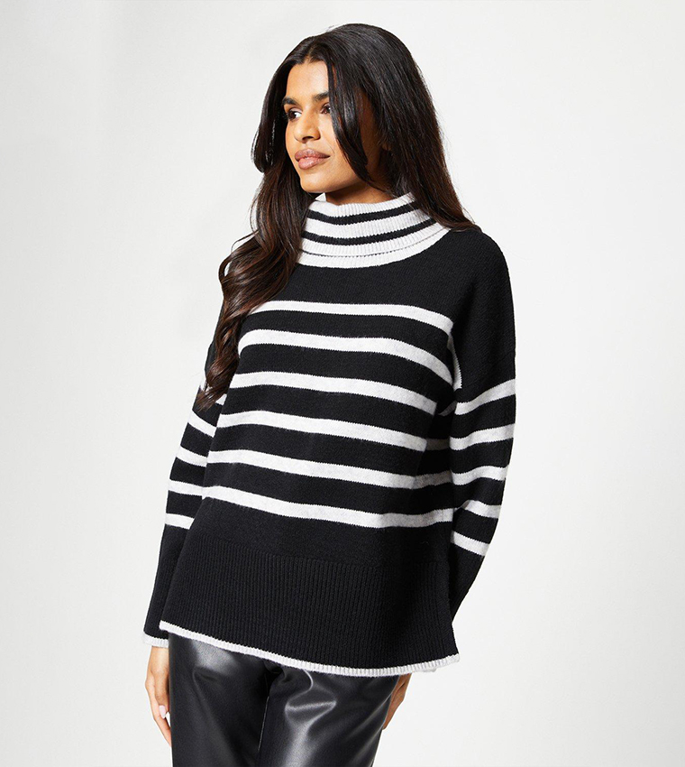 Buy Wallis Petite Striped Turtle Neck Chunky Jumper In Black