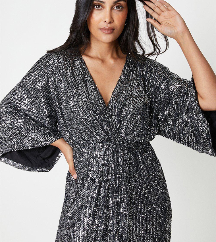 Buy Wallis Sequin Kimono Sleeves Midi Dress In Black | 6thStreet UAE