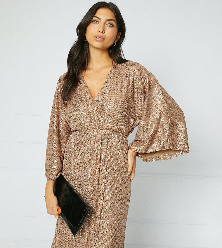 Buy Wallis Sequin Kimono Sleeves Midi Dress In Gold 6thStreet Saudi