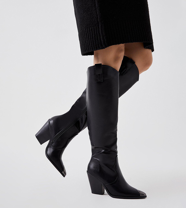 Buy Wallis Hester High Block Heel Metal Toe Cap Knee Boots In Black