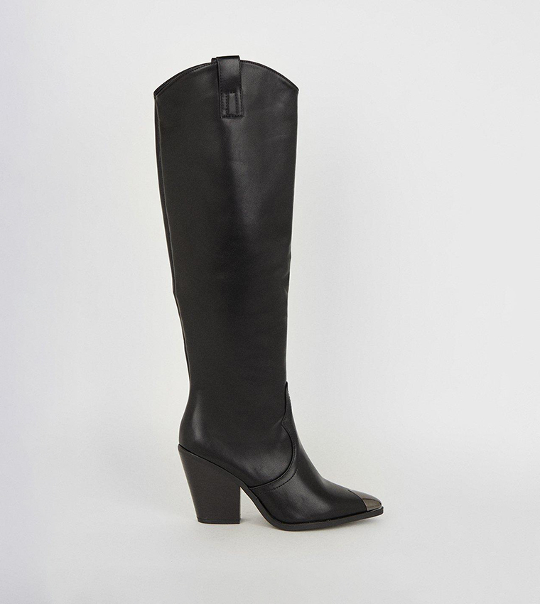 Buy Wallis Hester High Block Heel Metal Toe Cap Knee Boots In Black ...