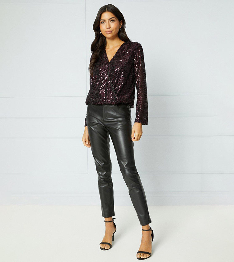 Buy Wallis Sequin Wrap Bubble Hem Top In Plum | 6thStreet Qatar