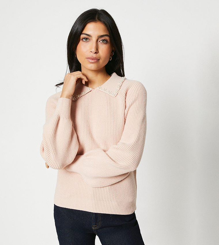 Pink sweater with embellished collar sale