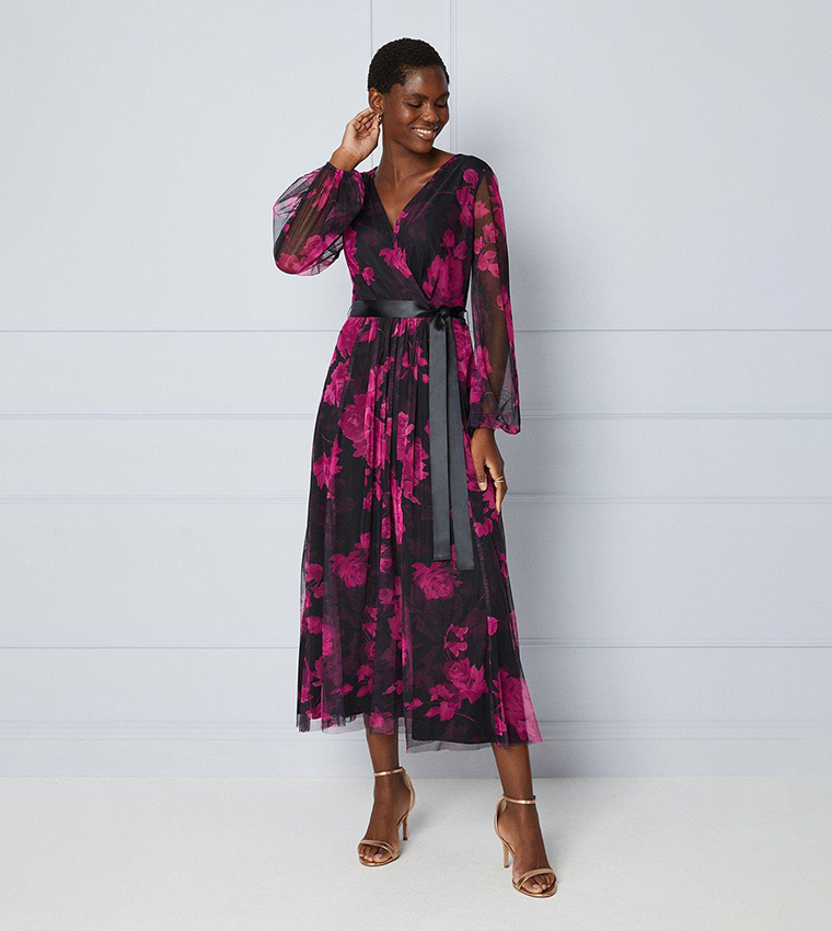 Dresses, Floral Mesh Satin Belt Midi Dress