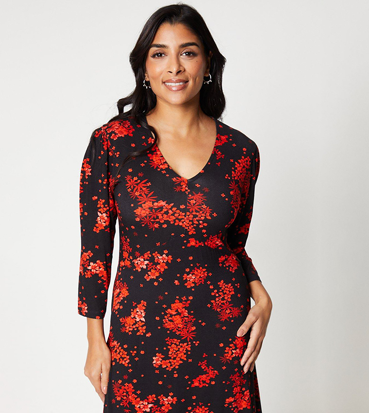 Buy Wallis Petite Floral Print Jersey Midi Dress In Black