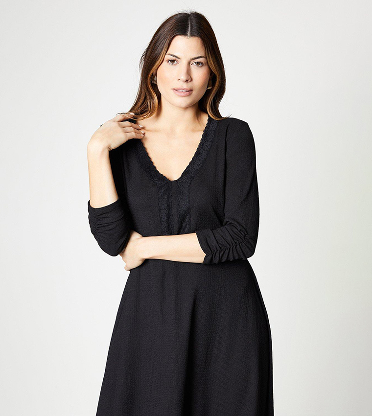 Black Lace Trim Textured Crepe Dress