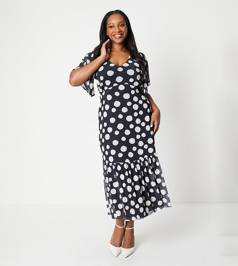Buy Wallis Curve Print Mesh Flutter Sleeves Midi Dress In Black