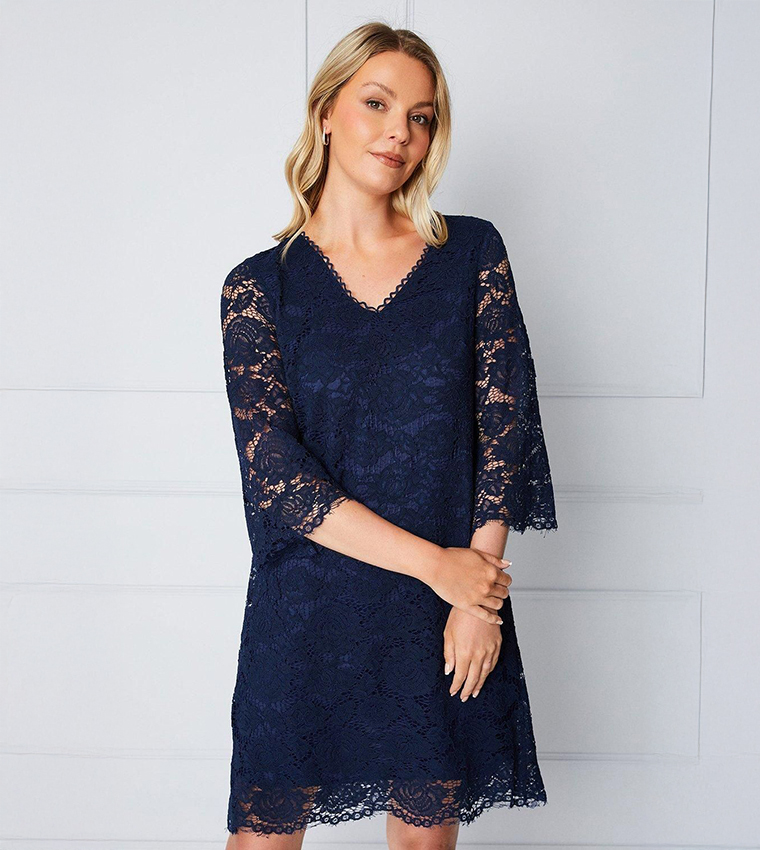 Buy Wallis Lace 3/4 Sleeves Shift Dress In Navy | 6thStreet Kuwait