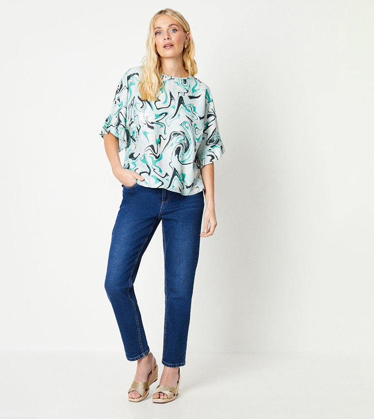 Petite Marble Print Oversized Frill Cuff Top