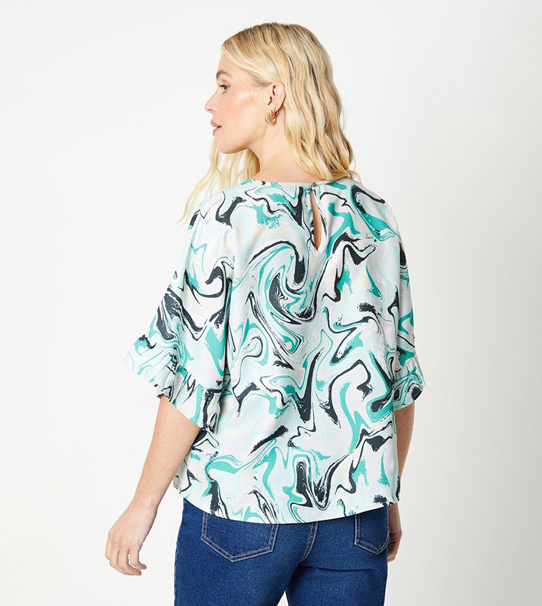 Petite Marble Print Oversized Frill Cuff Top