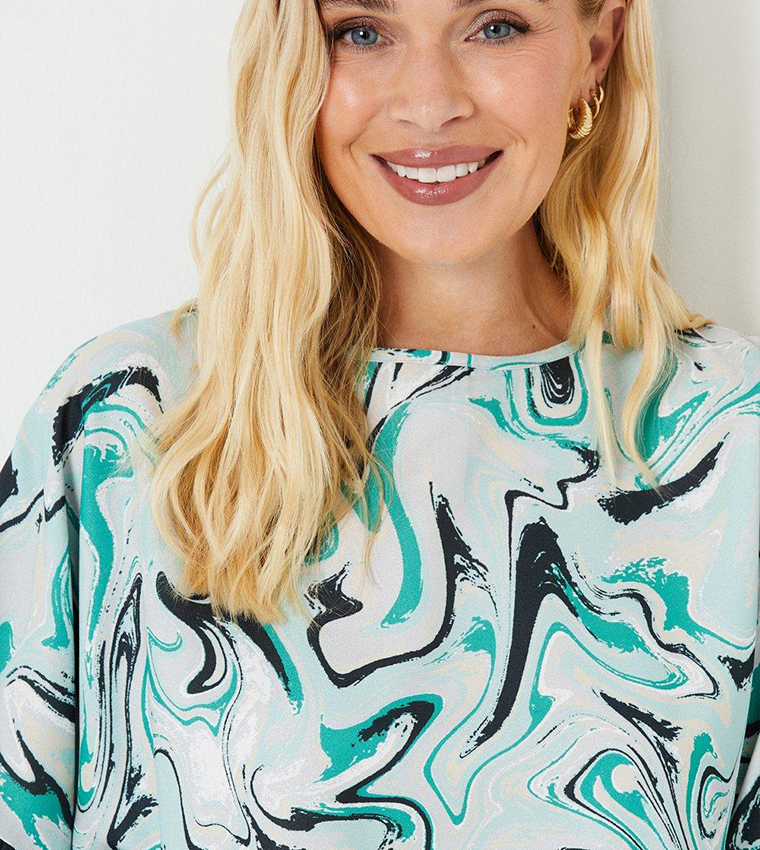 Petite Marble Print Oversized Frill Cuff Top