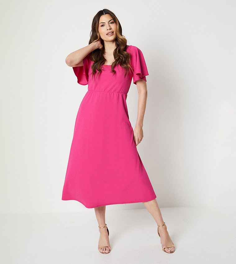 Buy Wallis Suba Crepe Flutter Sleeves Midi Dress In Pink