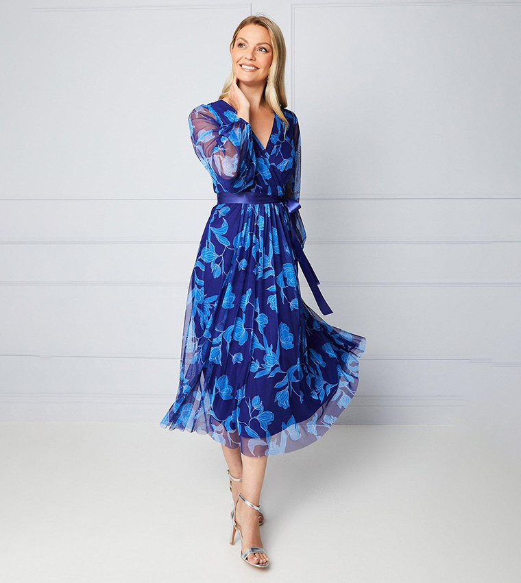 Buy Wallis Outlet Floral Mesh Satin Tie Midi Dress In Navy