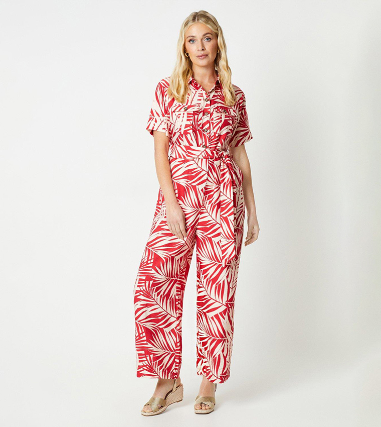 Buy Wallis Petite Palm Print Viscose Blend Belted Utility Jumpsuit In Red |  6thStreet Qatar