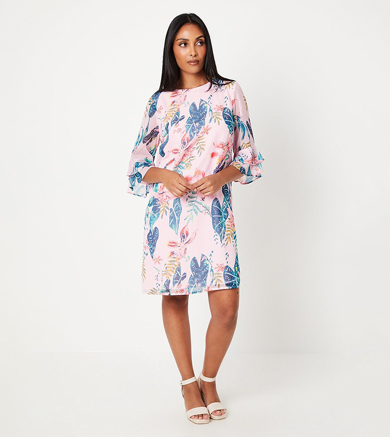 Buy Wallis Petite Printed Chiffon Flounce Sleeves Shift Dress In Pink 6thStreet Kuwait