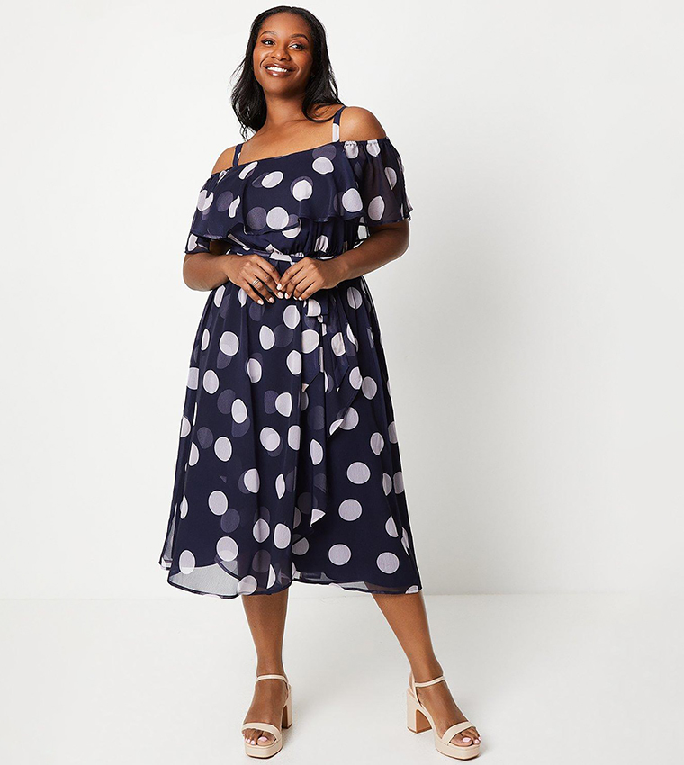 Buy Wallis Curve Polka Dots Ruffle Front Midi Dress In Navy 6thStreet Oman