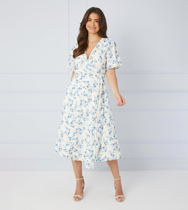 Floral Satin Jacquard Wrap Midi Dress