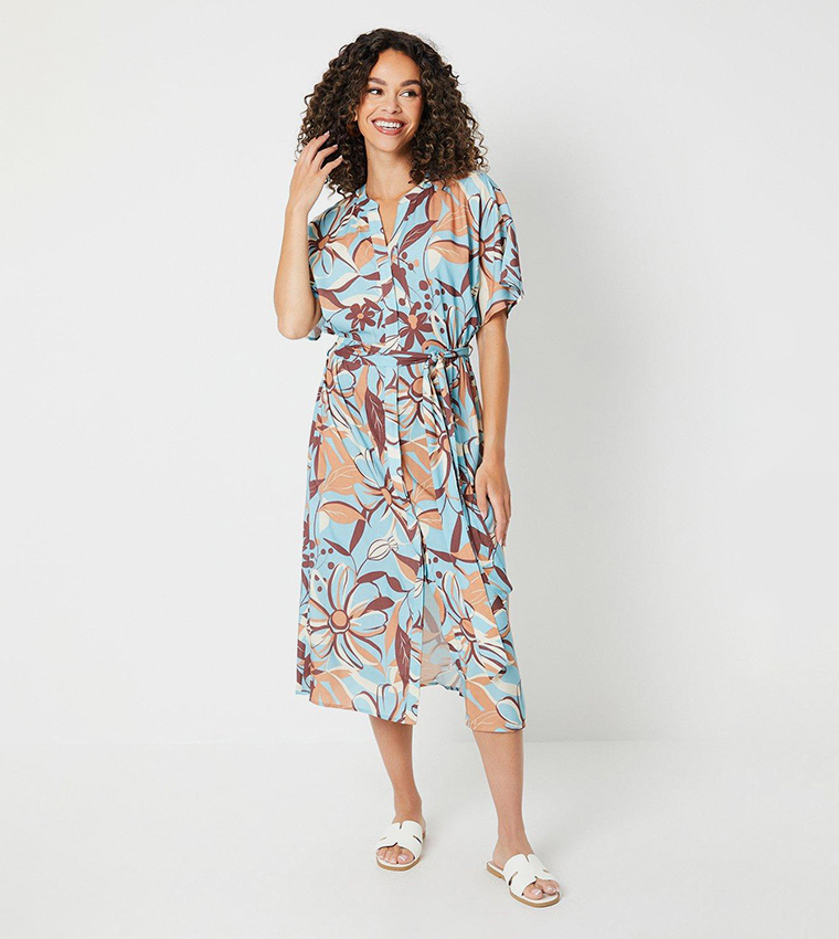 Buy Wallis Printed Kimono Sleeves Belted Wrap Midi Dress In Blue 6thStreet Bahrain