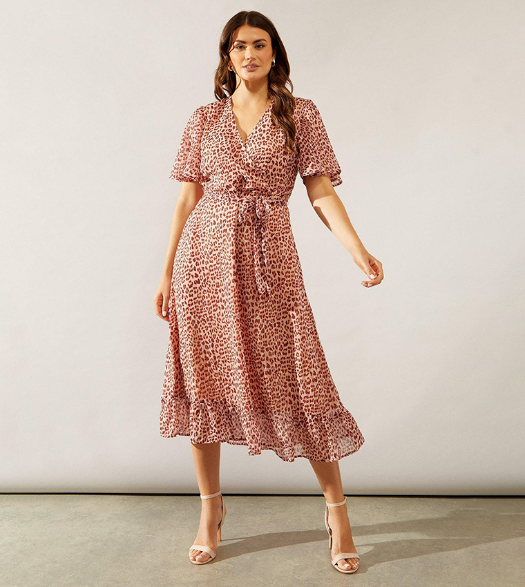 Buy Wallis Animal Print Wrap Flutter Sleeves Midi Dress In Beige
