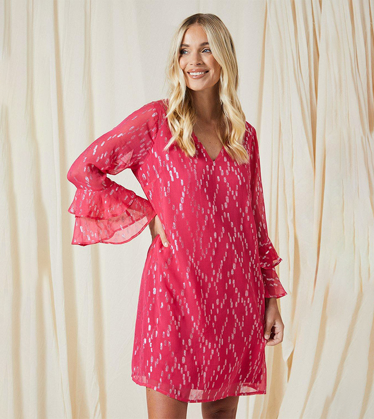 Buy Wallis Petite Metallic Ruffle Sleeves Mini Dress In Pink