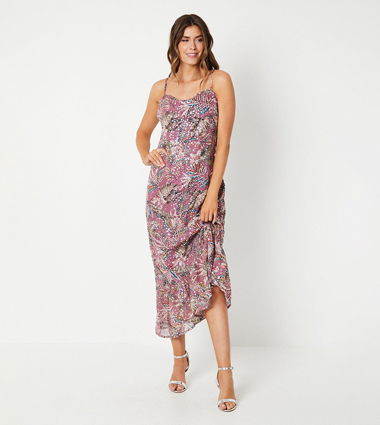 Buy Wallis Sequined Detail Palm Print Cowl Neck Midi Dress In Pink - Main Image
