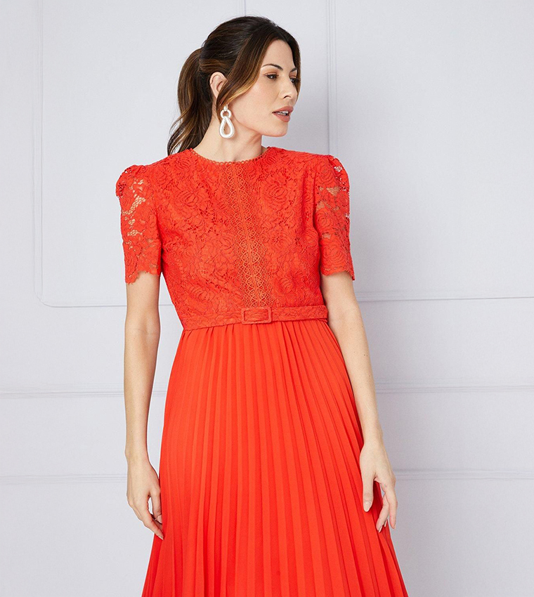 Buy Wallis Premium Lace Belted Pleated Midi Dress In Orange 6thStreet Kuwait