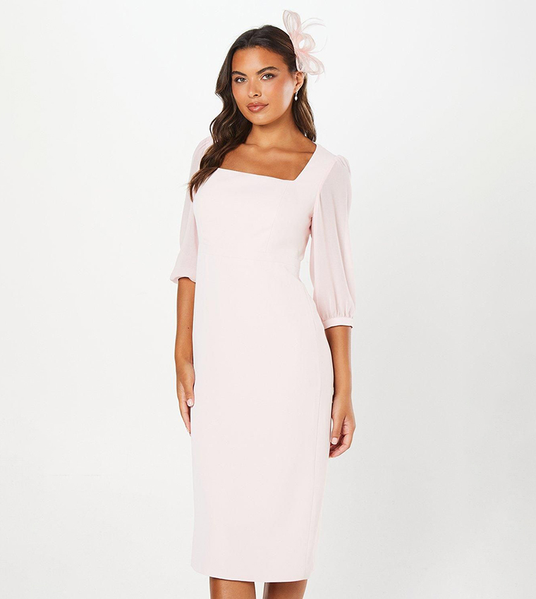 Square Neck Contrast Sleeves Pencil Dress