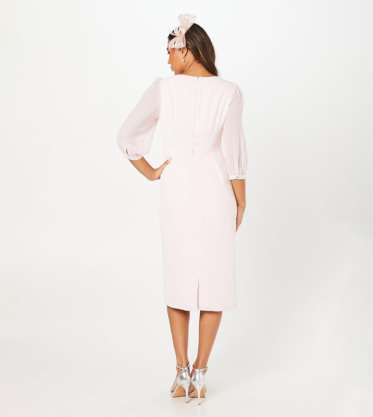 Square Neck Contrast Sleeves Pencil Dress