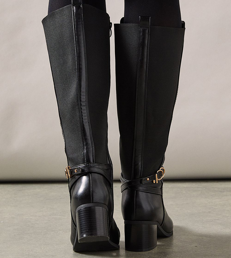 Wide Fit Hills Strap Detail Elastic Back Block Heel Knee Boots