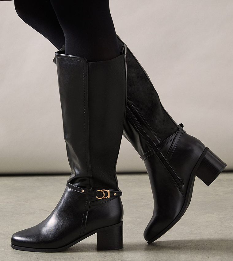 Wide Fit Hills Strap Detail Elastic Back Block Heel Knee Boots