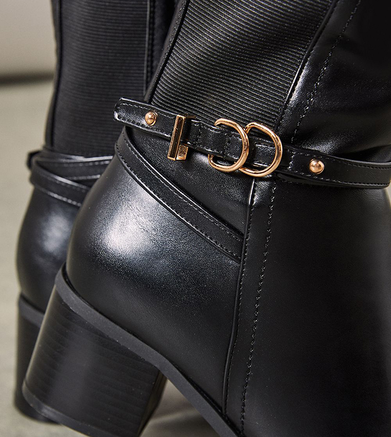 Wide Fit Hills Strap Detail Elastic Back Block Heel Knee Boots