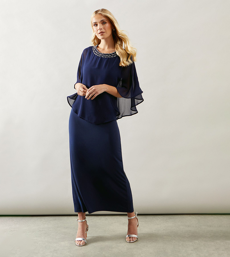 Petite Pearl Overlay Formal Maxi Dress