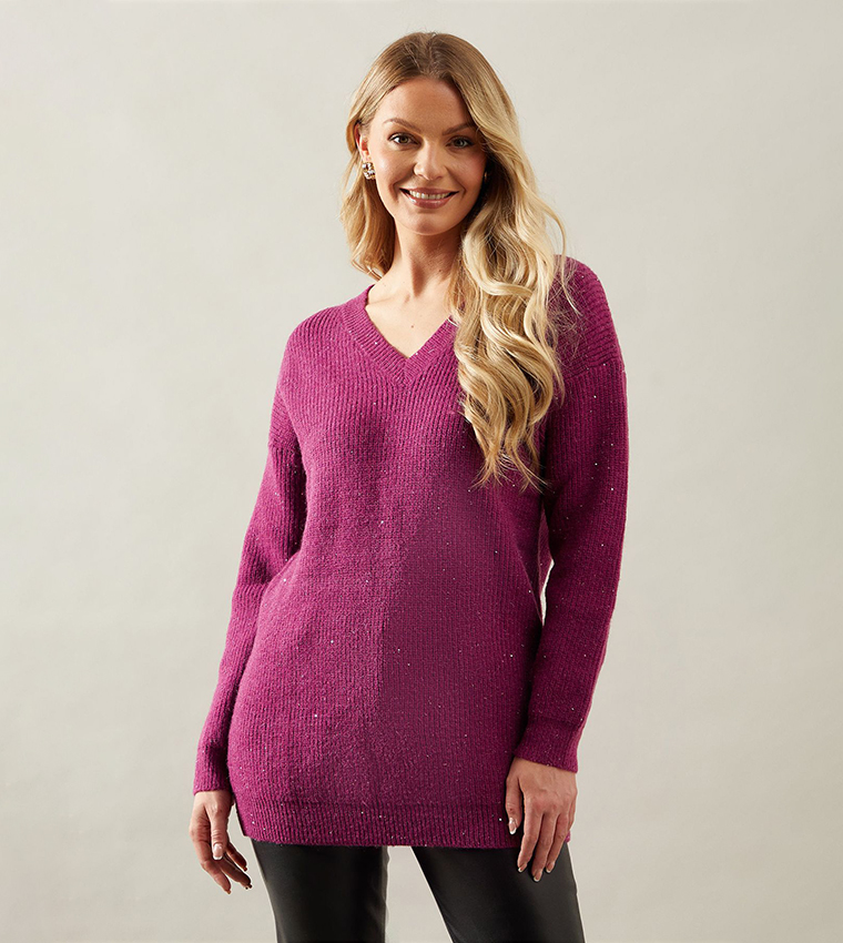 فستان تونيك محبوك برقبة V