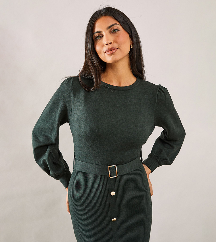 Buy Wallis Belted Button Down Midi Jumper Dress In Green | 6thstreet Oman
