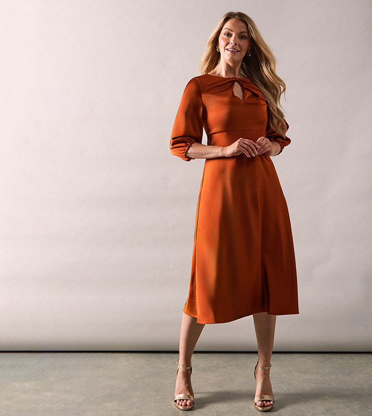 Petite Satin Knot Bias Midi Dress