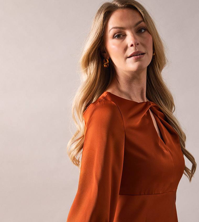 Petite Satin Knot Bias Midi Dress