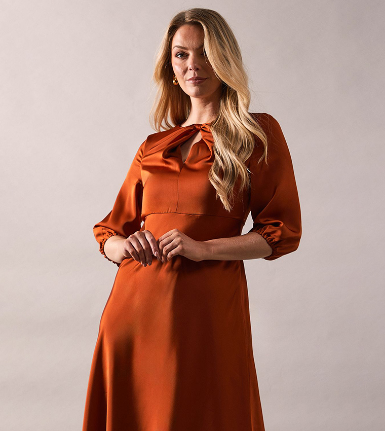 Petite Satin Knot Bias Midi Dress