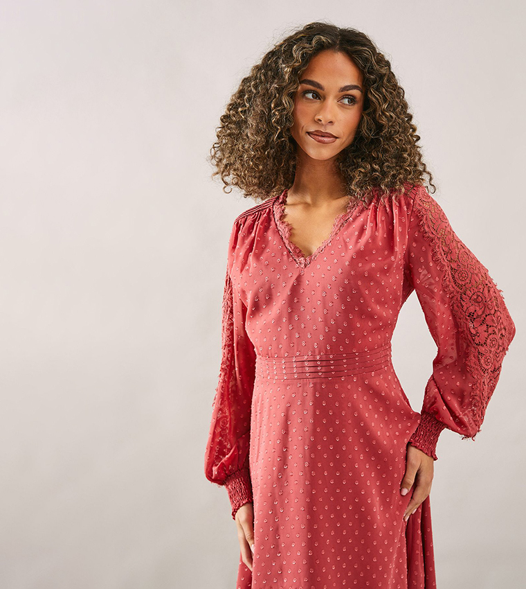 Pleat Detail Lace Midi Dress