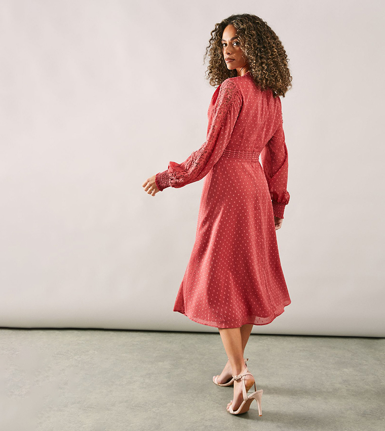 Pleat Detail Lace Midi Dress