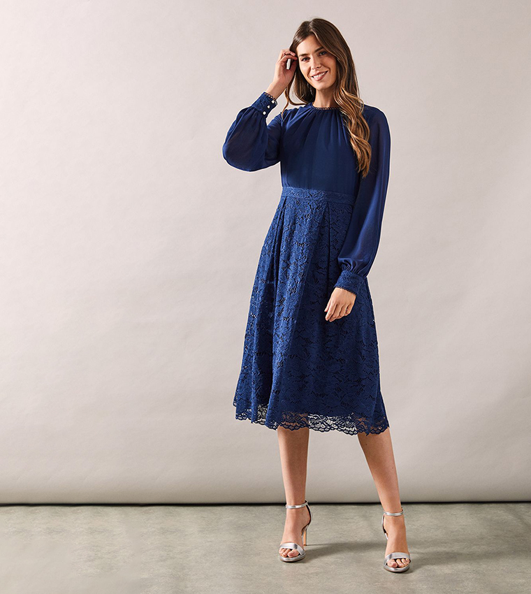 Buy Wallis Lace Fit And Flare Midi Dress In Navy | 6thstreet Qatar