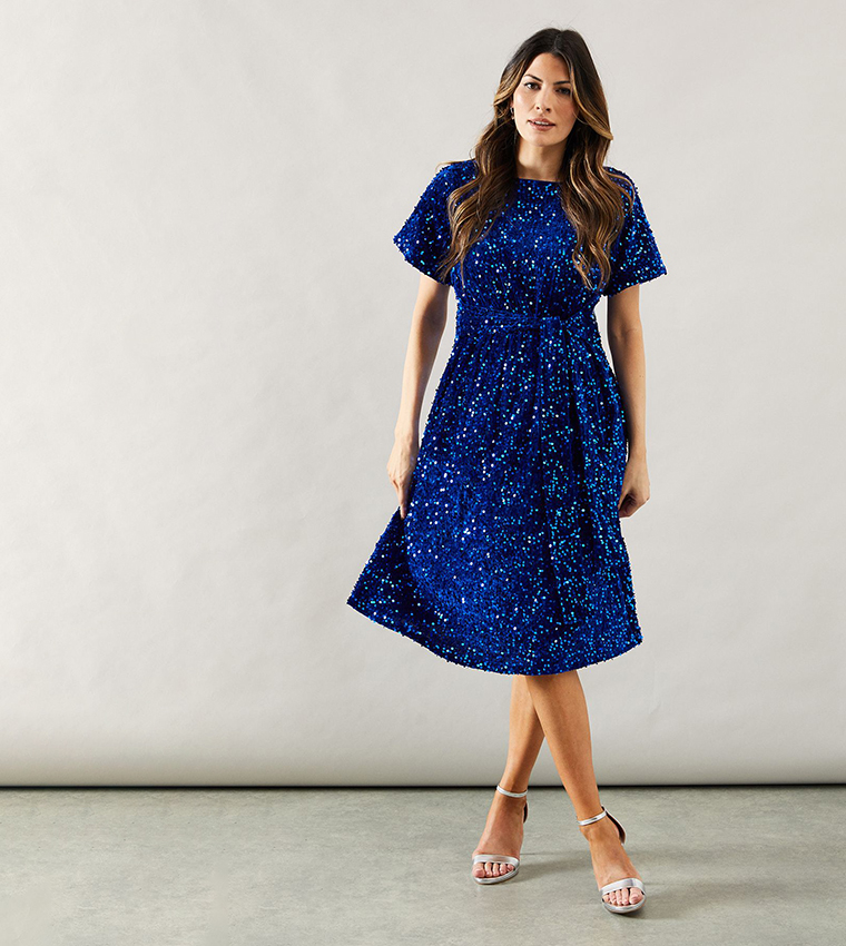 Buy Wallis Velvet Sequined Puff Sleeves Midi Dress In Blue