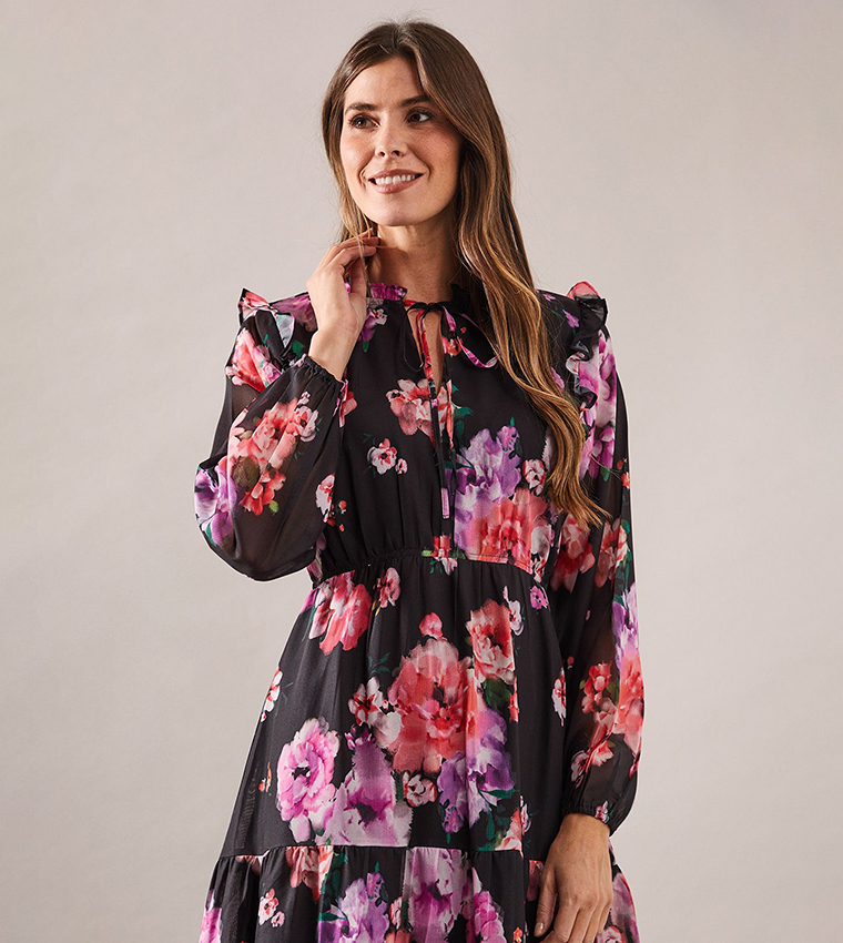 Buy Wallis Floral Printed Tie Neck Long Sleeves Midi Dress In