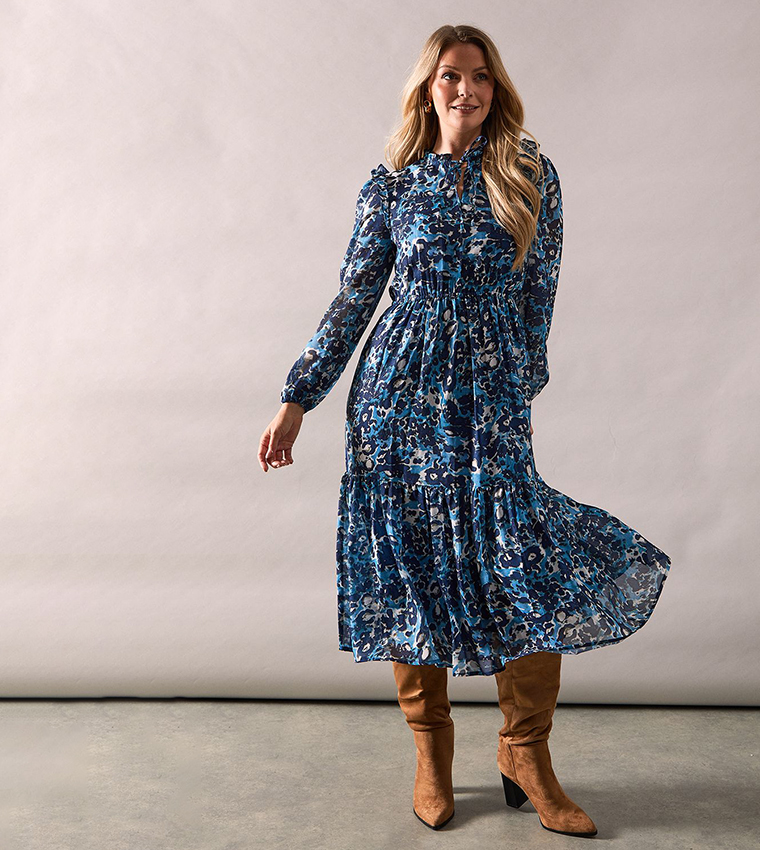 Animal Printed Tie Neck Tiered Midi Dress